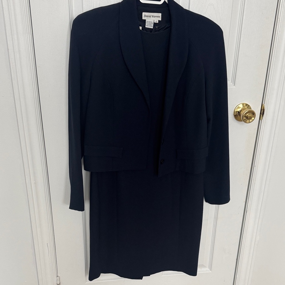 Chic Dark Blue Blazer and Dress Ensemble